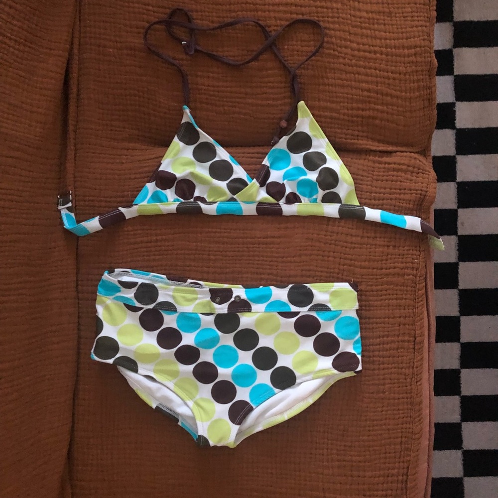 Hobie Hipster Halter Bikini Brown Green Blue Dots Size M